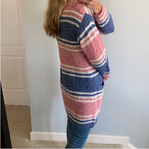 Pink, Blue & Off White Stripe Popcorn Texture Open Cardigan - Picture 6 of 10